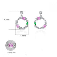 Pink and Green Crystal Cube Circle 925 Sterling Silver Stud Earrings