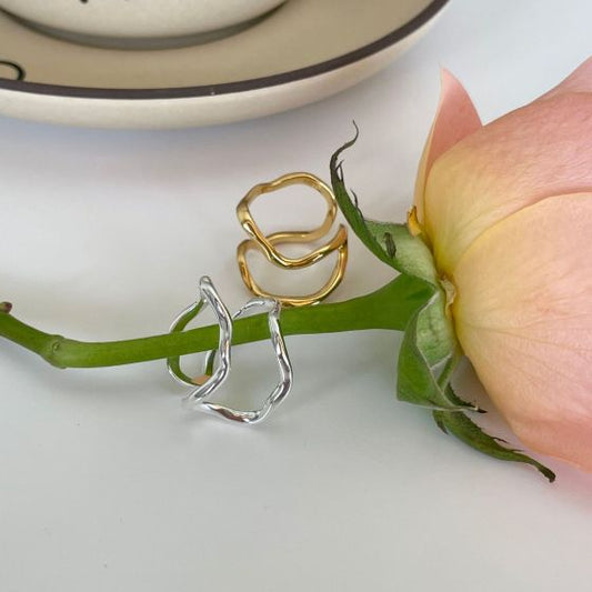 Double Layer Irregular Wave Wide 925 Sterling Silver Adjustable Ring