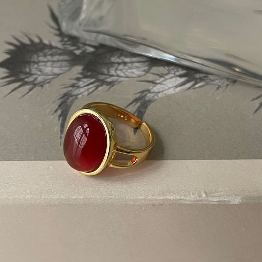 Natural Red Oval Agate Sterling Silver Adjustable Ring