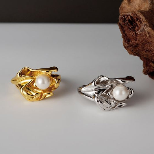Irregular Flower Shell Pearl Adjustable Ring, 925 Sterling Silver