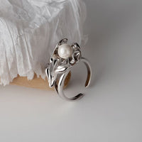 Irregular Flower Shell Pearl Adjustable Ring, 925 Sterling Silver