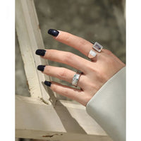 Geometry Square Natural Agate Sterling Silver Adjustable Ring