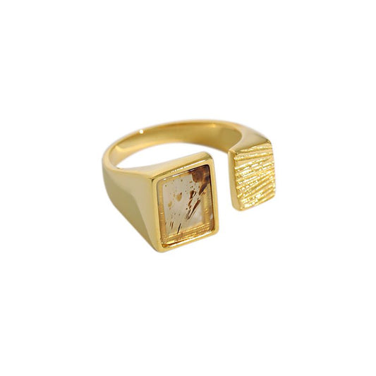 Geometry Square Natural Agate Sterling Silver Adjustable Ring
