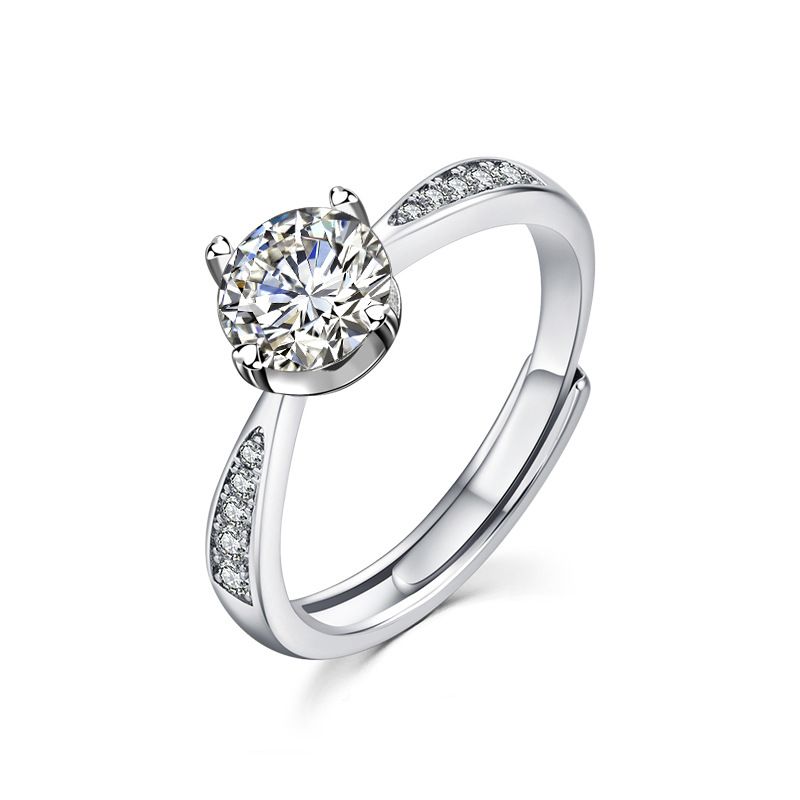 Classic Four-Claw Round Moissanite Sterling Silver Adjustable Ring