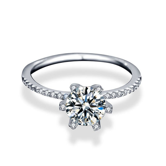 Six-Claw Moissanite Flower Ring, 925 Sterling Silver
