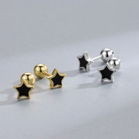Black Epoxy Star Stud Earrings with Gold Border, 925 Sterling Silver