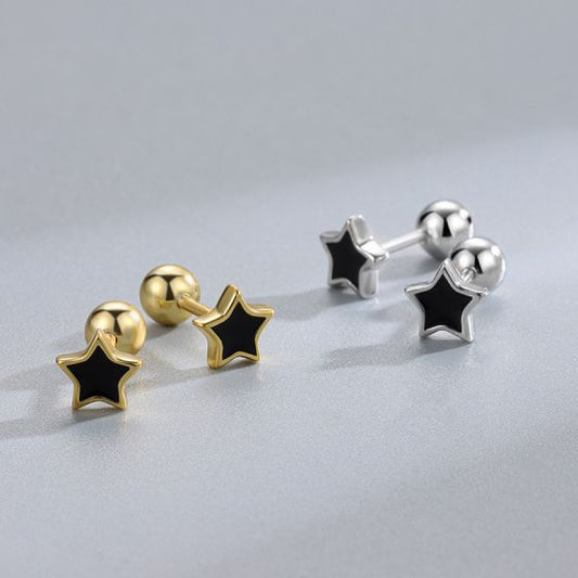 Black Epoxy Star Stud Earrings with Gold Border, 925 Sterling Silver