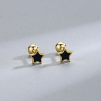 Black Epoxy Star Stud Earrings with Gold Border, 925 Sterling Silver