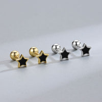 Black Epoxy Star Stud Earrings with Gold Border, 925 Sterling Silver