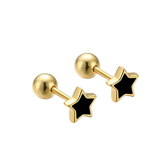 Black Epoxy Star Stud Earrings with Gold Border, 925 Sterling Silver