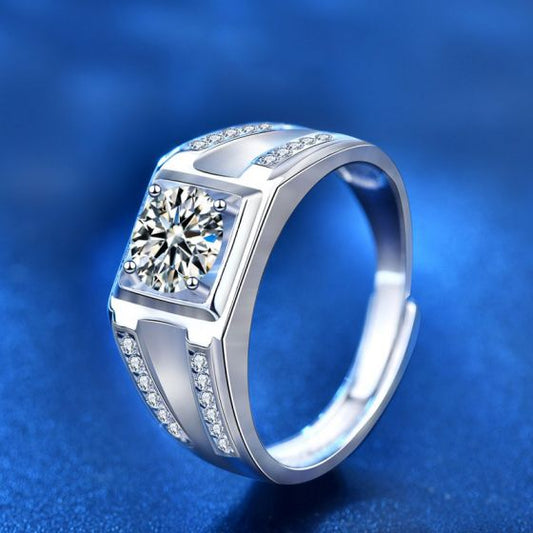 Men's Square Geometry Moissanite Ring, 925 Sterling Silver (Adjustable)