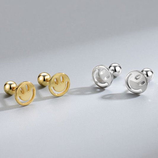 Hollow Smile Round 925 Sterling Silver Screw Stud Earrings