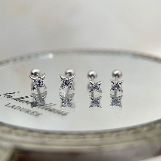 Four-Pointed Star CZ Screw Stud Earrings, 925 Sterling Silver