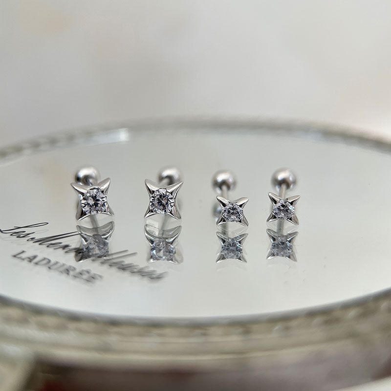 Four-Pointed Star Crystal Screw Stud Earrings, 925 Sterling Silver