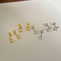 Four-Pointed Star Crystal Screw Stud Earrings, 925 Sterling Silver