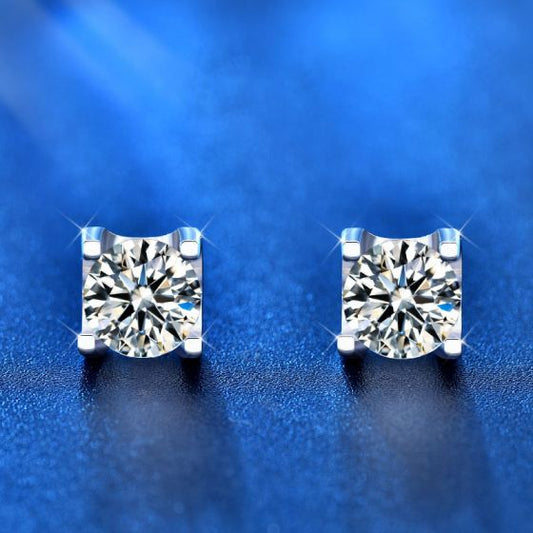 Round Moissanite CZ Stud Earrings with U Shape Back, 925 Sterling Silver