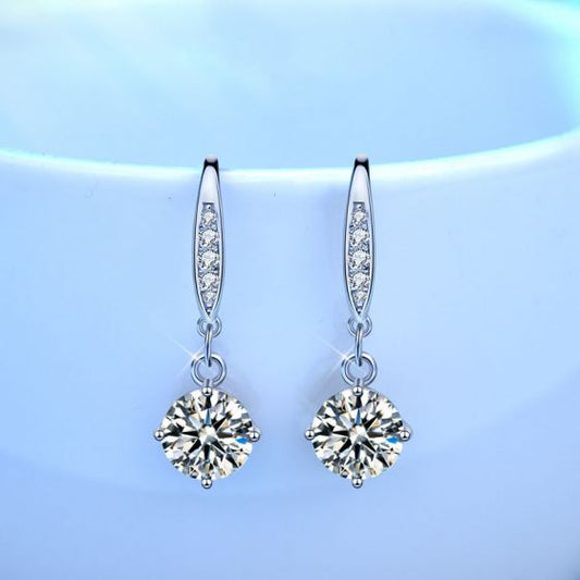 Round Moissanite CZ Drop Earrings, 925 Sterling Silver