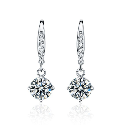 Round Moissanite CZ Drop Earrings, 925 Sterling Silver