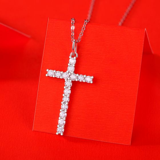 Classic Moissanite CZ Cross Necklace in 925 Sterling Silver