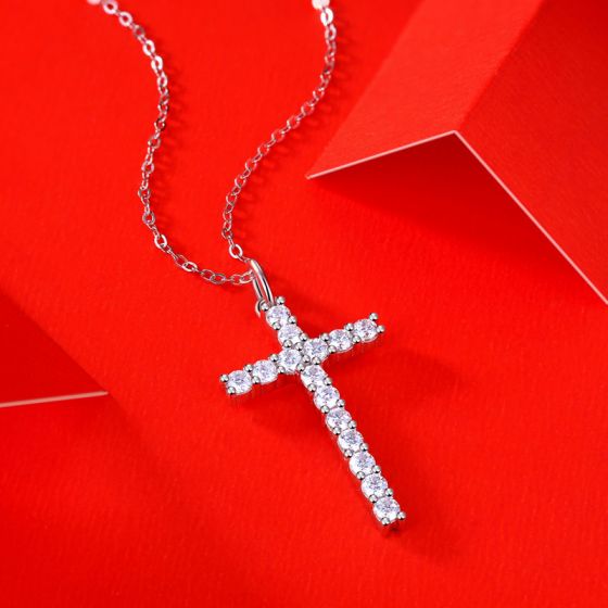 Classic Moissanite CZ Cross Necklace in 925 Sterling Silver