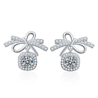 Sweet Bow-Knot Moissanite Crystal Sterling Silver Stud Earrings