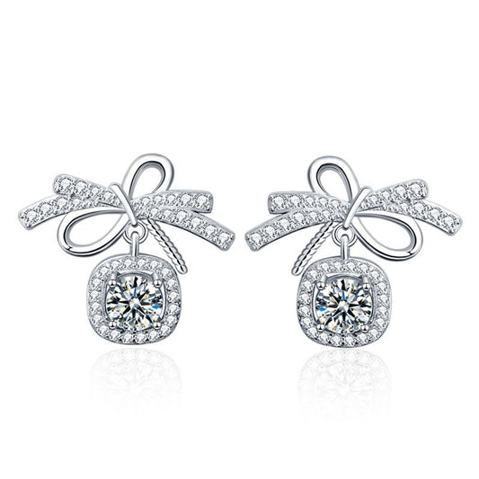 Sweet Bow-Knot Moissanite CZ Sterling Silver Stud Earrings