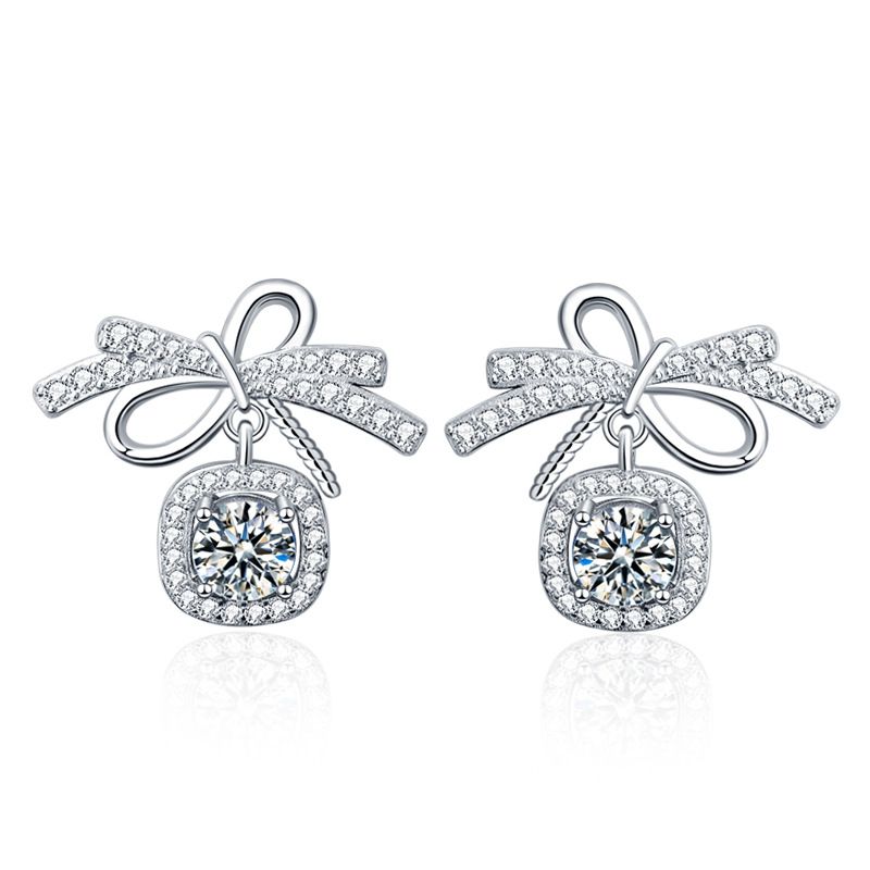 Sweet Bow-Knot Moissanite Crystal Sterling Silver Stud Earrings