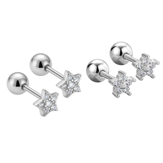 Friend's CZ Star and Flower Sterling Silver Stud Earrings