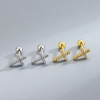 Crystal Cross Screw Stud Earrings in 925 Sterling Silver