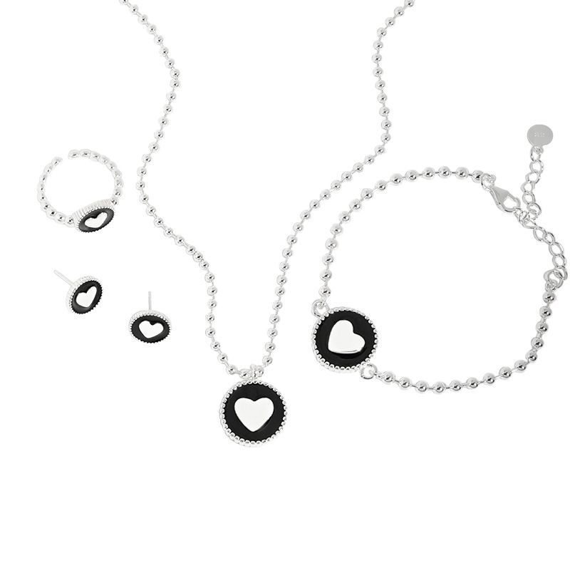 Heart Black Epoxy 925 Sterling Silver Jewelry Set