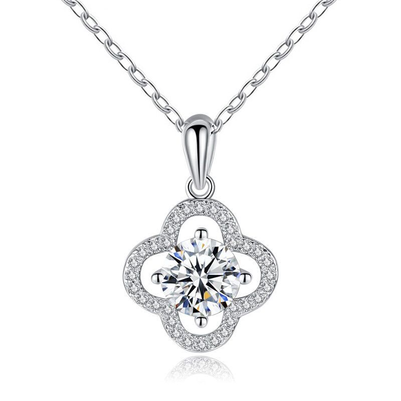 Moissanite Crystal Four-Leaf Clover 925 Sterling Silver Necklace