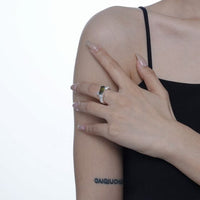 Olive Green Baguette Natural Emerald Adjustable 925 Sterling Silver Ring