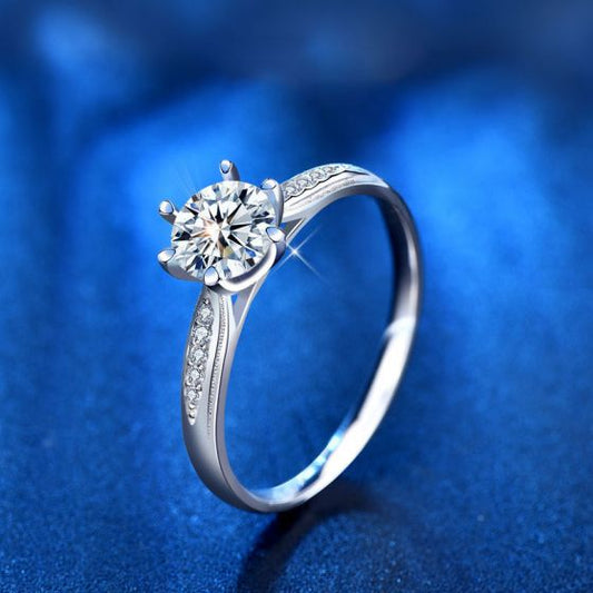 Six-Claw Moissanite and CZ Sterling Silver Ring