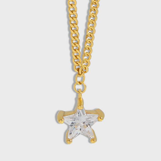 CZ Star Curb Chain Necklace 925 Sterling Silver