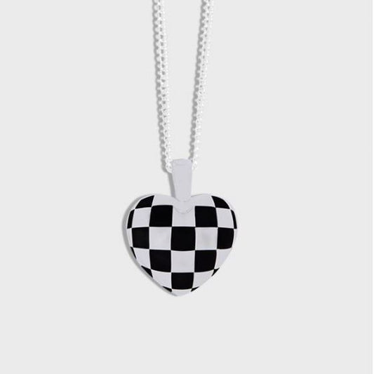 Geometry Heart Chessboard Sterling Silver Necklace