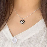 Geometry Heart Chessboard Sterling Silver Necklace