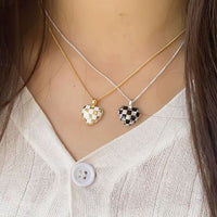 Geometry Heart Chessboard Sterling Silver Necklace