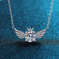 Round Crystal Crown Angel Wing Necklace in 925 Sterling Silver
