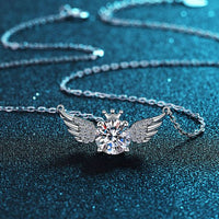 Round Crystal Crown Angel Wing Necklace in 925 Sterling Silver