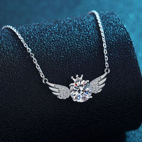 Round Crystal Crown Angel Wing Necklace in 925 Sterling Silver