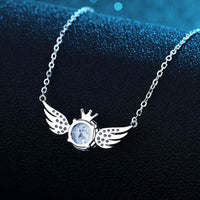 Round Crystal Crown Angel Wing Necklace in 925 Sterling Silver