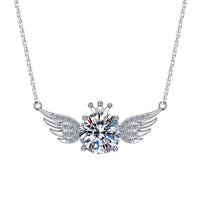 Round Crystal Crown Angel Wing Necklace in 925 Sterling Silver
