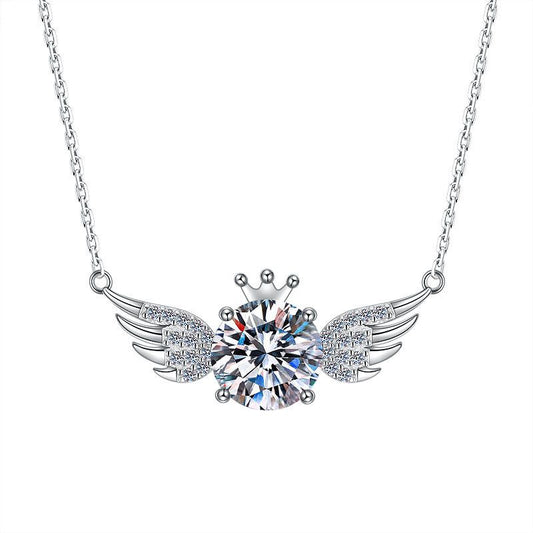 Round CZ Crown Angel Wing Necklace in 925 Sterling Silver