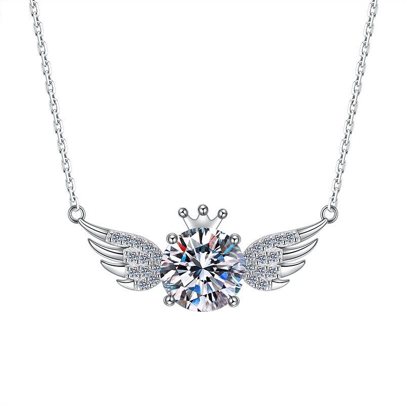 Round Crystal Crown Angel Wing Necklace in 925 Sterling Silver