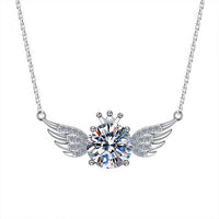 Round Crystal Crown Angel Wing Necklace in 925 Sterling Silver