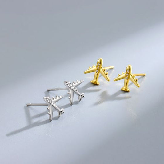 Airplane Rhinestone Stud Earrings, 925 Sterling Silver