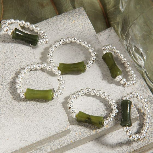 Green Bamboo Slub Beads Sterling Silver Ring