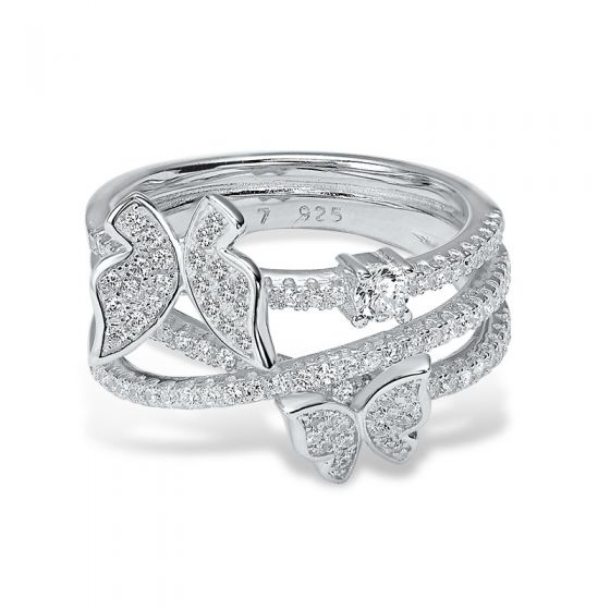 Micro-Set CZ Butterfly Triple-Layer Cross Ring