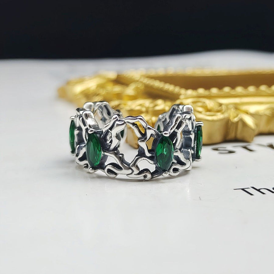 Vintage Green Oval Crystal Sterling Silver Adjustable Ring