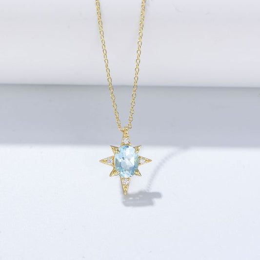 Blue Oval Natural Topaz Eightfold Star Necklace